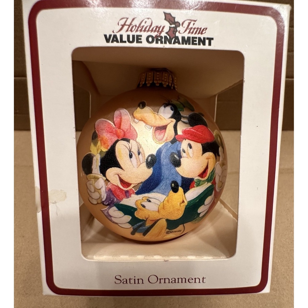 VTG Holiday Time Cozy Moments Disney Satin Ornament Mickey Minnie Goofy Pluto